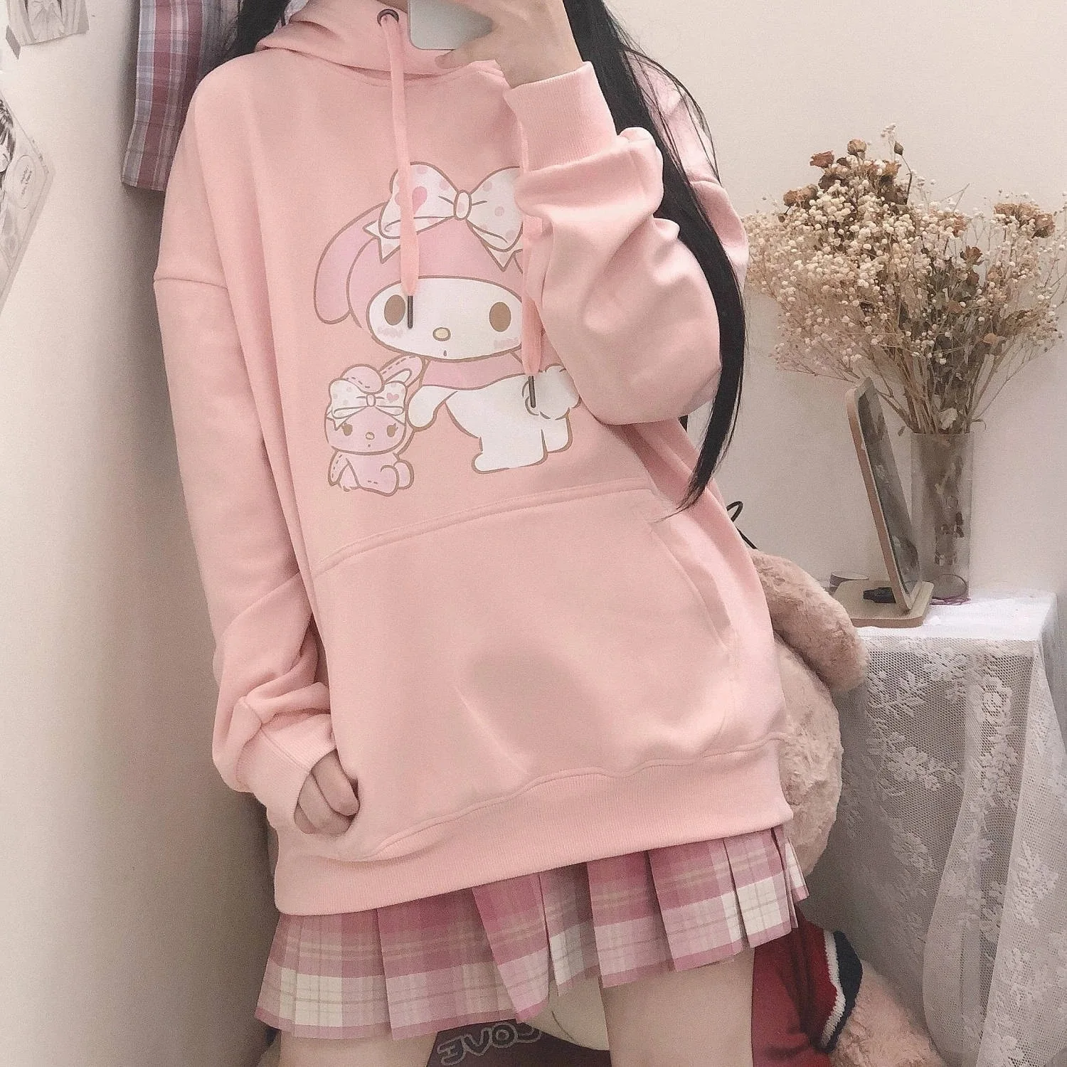 Japanese Sweet Hoodies for Girls Oversized Sweatshirt Clothes Spring Korean Cartoon Print Pullover Hoodie Sweatshirts Women