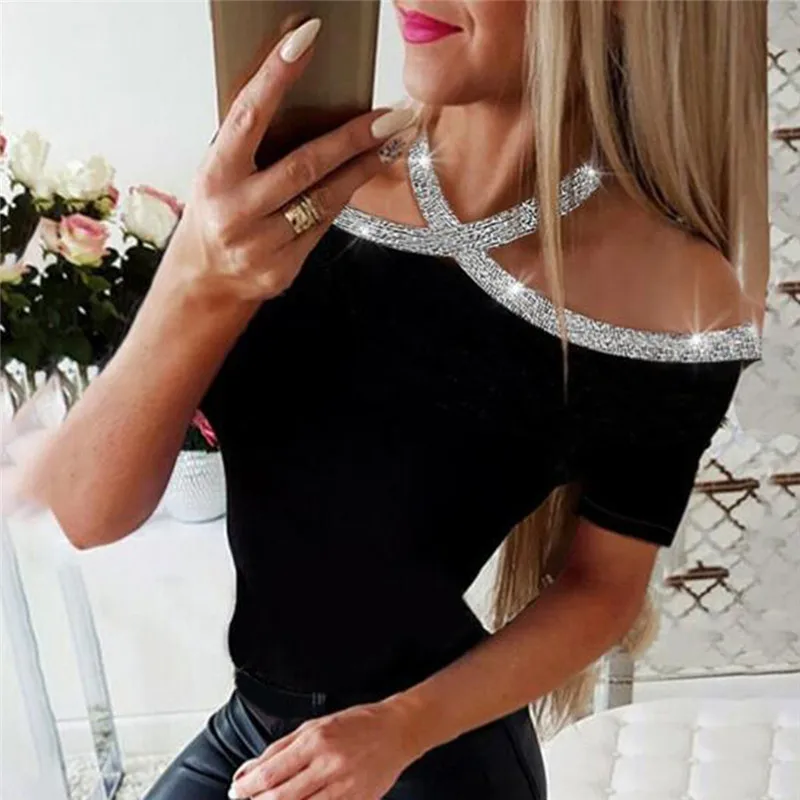 

2020 Summer Women Elegant Basic Casual Top Female Lace-up Leisure Shirt Rhinestone Details Halter Short Sleeve Blouse