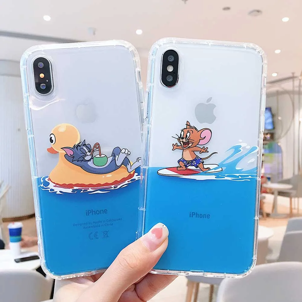 

Funny Cartoon Cat And Mouse Phone Case For iPhone X XR XS Max 6 6S 7 8 Plus Cute Jerry Tom Clear Soft TPU Silicone Couple Cover