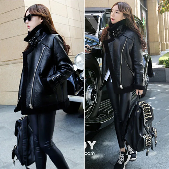 Winter WOMEN'S Leather Top Coat Thick Pu Fur Women's Lambs Wool Biker Jacket Short Coat