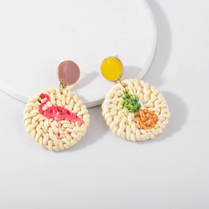 

Bohemian Print Pineapple Cactus Rattan Weave Alloy Round Earrings Women Fashion Flamingo Handmade Wooden Straw Statement Earring