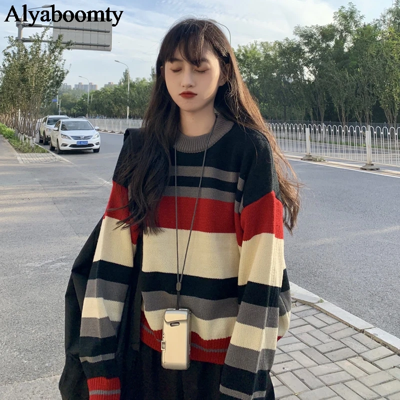 Корейский стиль осень зима женский джемпер полоски контрастного цвета