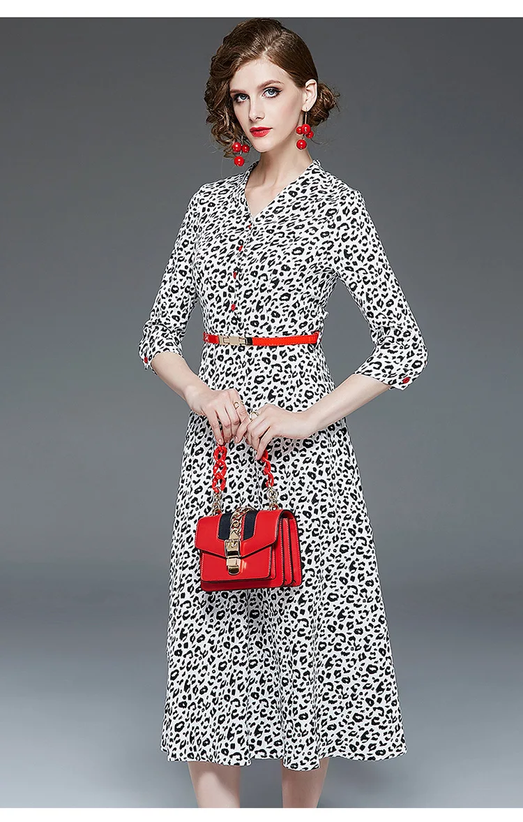 MIUXIMAO высокое качество осень зима платье женское с коротким рукавом леопардовое винтажное повседневное шелковое офисное платье женское платье Vestido с поясом