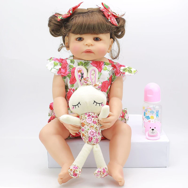 55 см Reborn Baby Doll игрушка полная силиконовая Цветочная печать ткань тело короткие объемные волосы Реалистичная кукла Малыш Дети ролевые игры