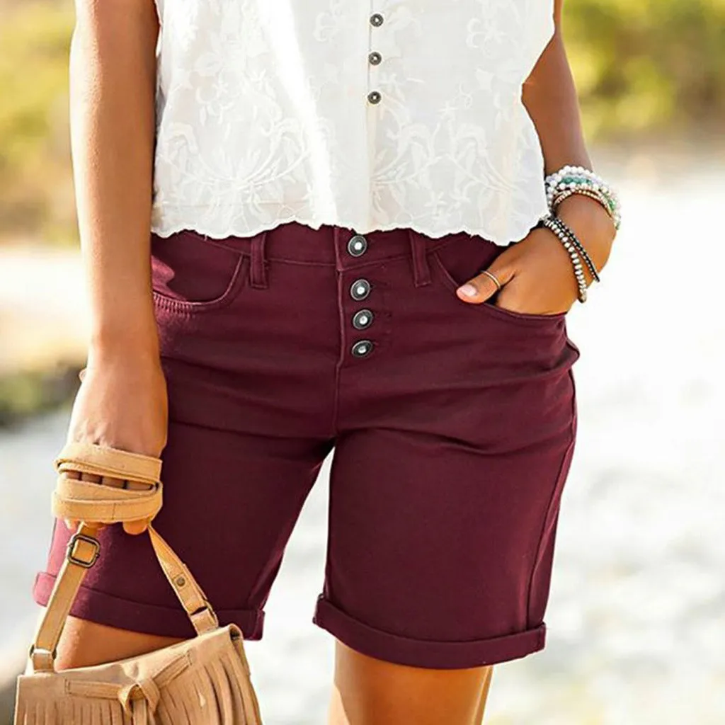 StylishBar весенние летние шорты женские джинсовые шорты с двумя карманами брюки с застежкой на пуговице Высокая талия молния популярные шорты Feminino Damskie - Цвет: Wine