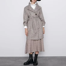 ZA, осенне-зимнее шерстяное твидовое пальто для женщин, толстая водолазка, однотонное, с поясом, Повседневная Женская ветровка, верхняя одежда, шерстяной Тренч для женщин