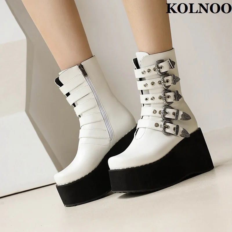 

Kolnoo 2022 New Handmade Women Thick Heel Platform Boots Buckle Straps Party Club Classic Ankle Boots Sexy Evening Fashion Shoes
