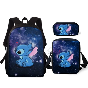 

THIKIN Kawaii Stitch Print School Bags Set/3Pcs for Children Boys Girls 15 inch Polyester Backpack Free Custom Name Logo Mochila