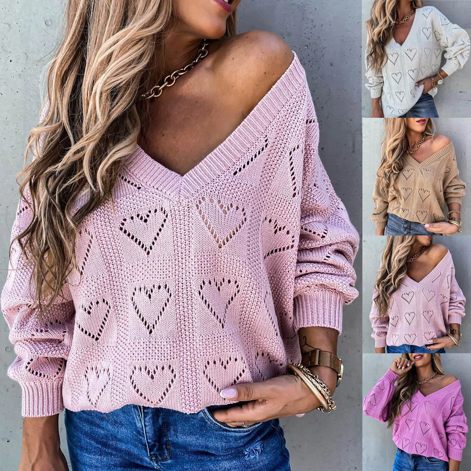 New Fashion Autumn Thin Sweater Women's Heart-shaped Hollow V-neck Long Sleeve Pullover Sweater Female Knitted Jumpers Tops #4 1