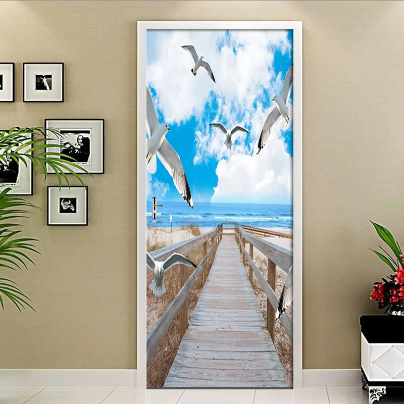 

DIY Mural Waterproof Wallpaper Print Decor Blue Sky Seaside Wooden Bridge Pigeon Sticker Self Adhesive Bedroom Door Art Picture