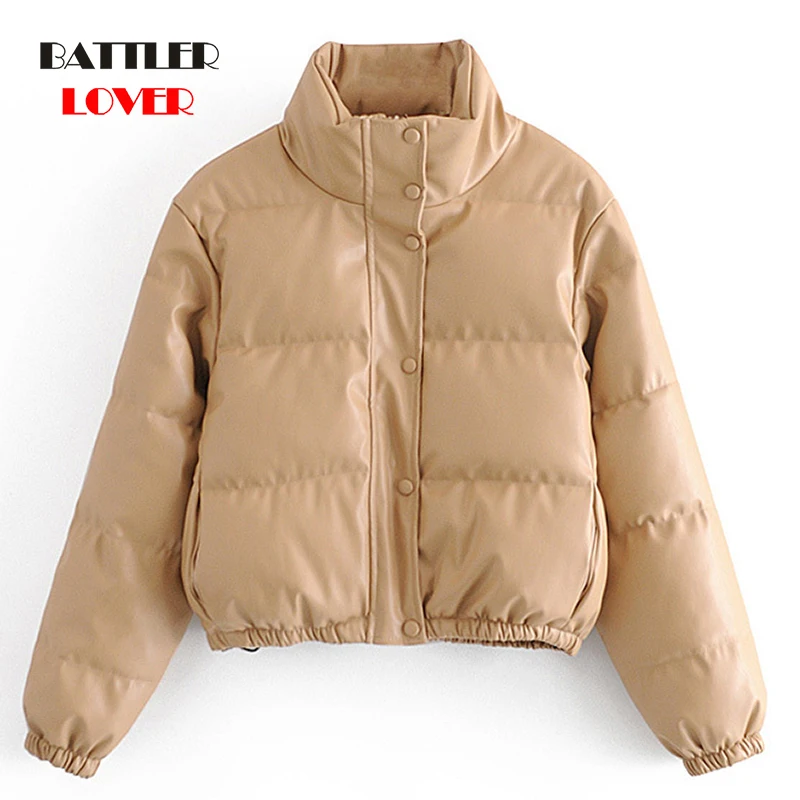 Women Winter Thick Warm Short Parkas Fashion Black Leather Coats for Female Elegant Zipper Cotton Jackets Ladies Windbreaker