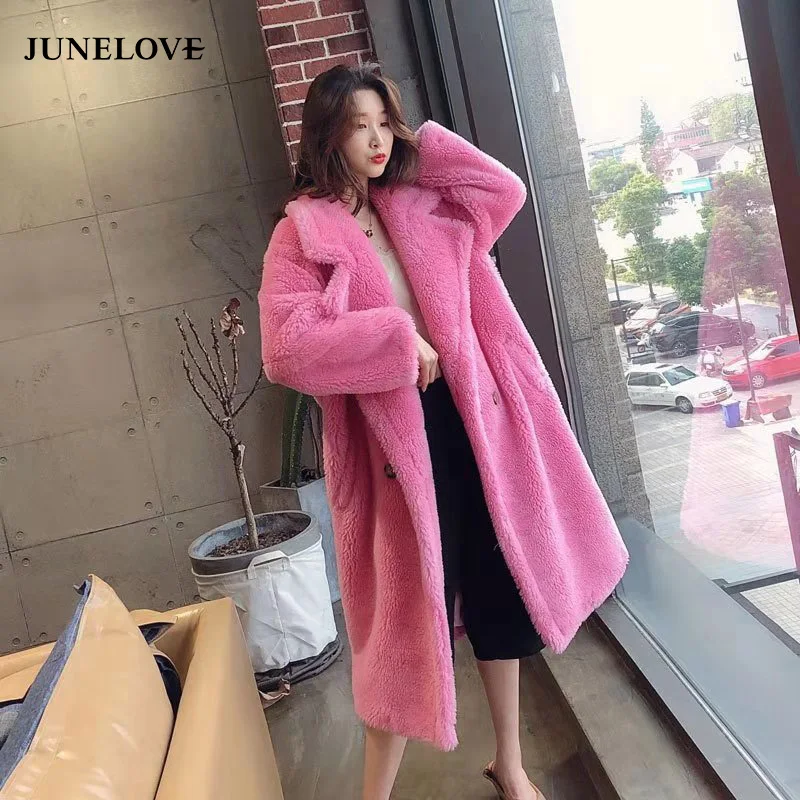 JuneLove, Женское зимнее теплое длинное пальто из искусственного меха, винтажное, с длинным рукавом, женское, толстое, плюшевый мишка, пальто, повседневное, свободное, большие размеры, верхняя одежда