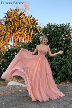 

Light Pink Evening Dress Beading Sexy Illusion A-line Tulle Floor Length Sequins V-neck Sleeveless Prom Dress vestidos de fiesta