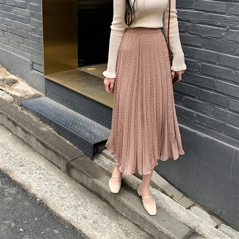 Faldas mujer moda женские плиссированные юбки в горошек весенние Юбки-миди леди с высокой талией трапециевидные юбки DV542