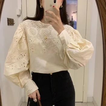 

Alien Kitty New Vintage Elegant Embroidery Shirt Women Openwork Crochet Puff Sleeve Solid Korean Style Loose Tops Female Blusas