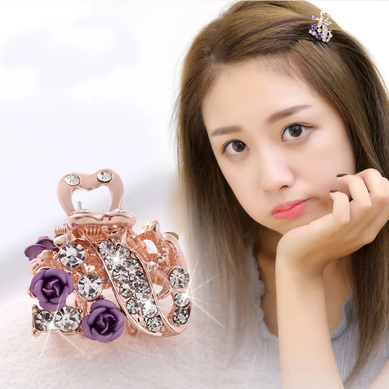 

Luxury Wedding Hair Jewelry Bridal Austria Crystal Crab Claw Clip for Women Girl Flower Acrylic Rose Gold Party Hair Accessorie