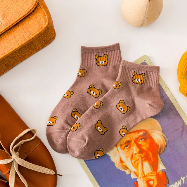 1 Pair of Cute cartoon women's pure Cotton socks cute and Fashionable bear socks five Colors of pure Cotton Female socks 10