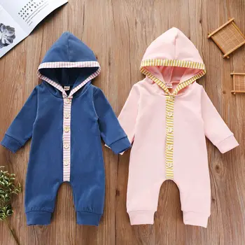 

Baby Boys And Girls Romper One-Piece Solid Color Wild Long Sleeved Hooded Single-Breasted Spring And Autumn
