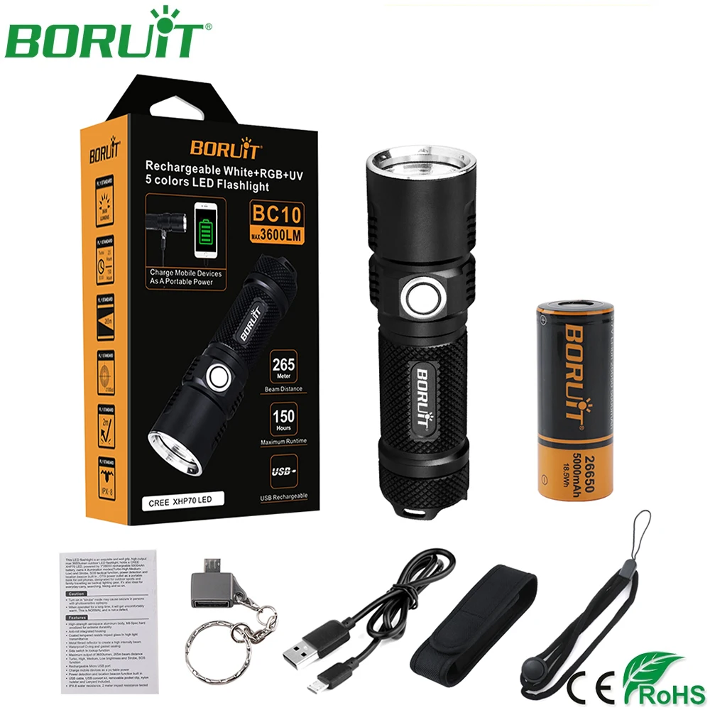 BORUiT 3600LM XHP70.2 LED Flashlight Waterproof Super Bright Portable Torchlight USB Rechargeable Flashtorch for Camping Hunting