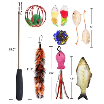 

11Pcs/Set Teaser Cat Catcher Retractable Fishing Pole Wand Rod Feather Toy Great For Kitten Dog Exercising Random Color