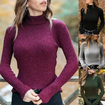 

Fashion Winter Women Sweater Top Turtleneck Solid Color Women High Collar Long Sleeve Knitted Sweater Top For Women's Clothing