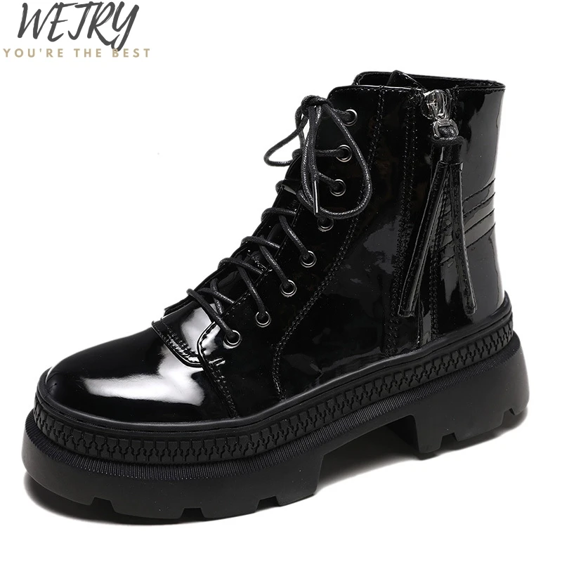 

Fashion Zipper Flat Shoes Woman High Heel Platform PU Leather Boots Lace up Women Shoes Ankle Boots Girls 35-40