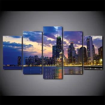 

5 Panel Canvas Art Busy City Chicago Evening Poster Canvas Painting Wall Pictures For Living Room Home Decor Canvas Painting