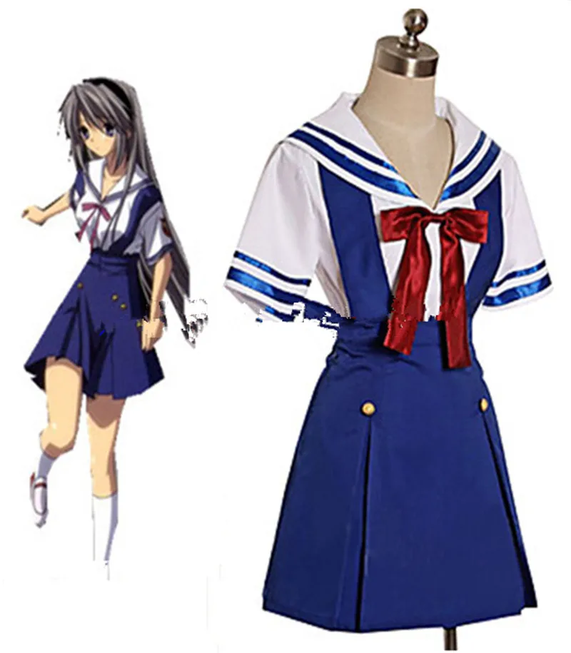 

Game Clannad Cosplay After story Summer School Uniform Set Cos Halloween Party Costume Full set Shirt + Strap Skirt + Bow Tie