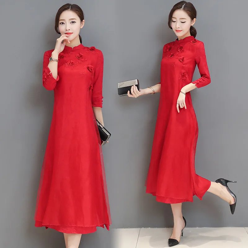 

2020 Spring New Style Chinese-style Improved Cheongsam Stereo Embroidery Three-quarter-length Sleeve Silk Dress Women Dress