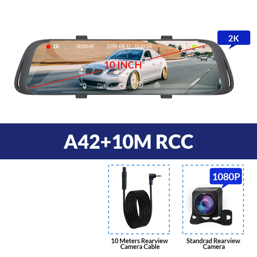 E-ACE Автомобильный видеорегистратор 2K поток медиа зеркало заднего вида сенсорный FHD 1080P двойной объектив видео рекордер ночного видения авто регистратор Dashcam - Название цвета: A42-10M RCC