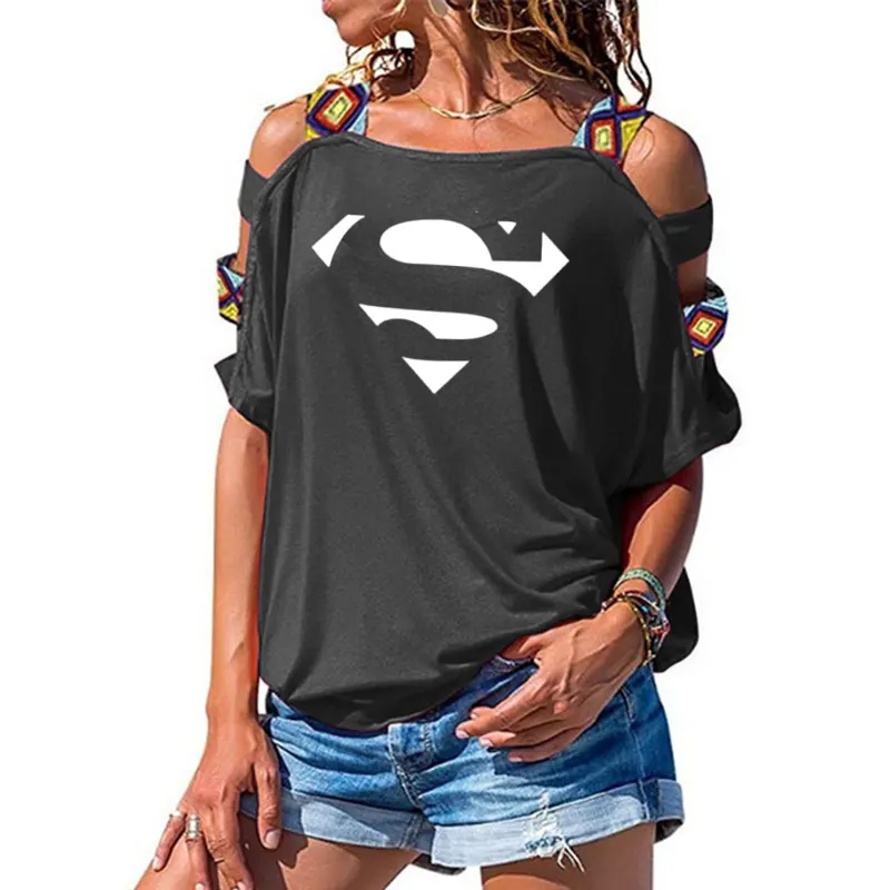 Новая летняя футболка с героями мультфильма «Супермен», женские модные топы, горячая Распродажа, сексуальная открытая футболка с коротким рукавом и открытыми плечами