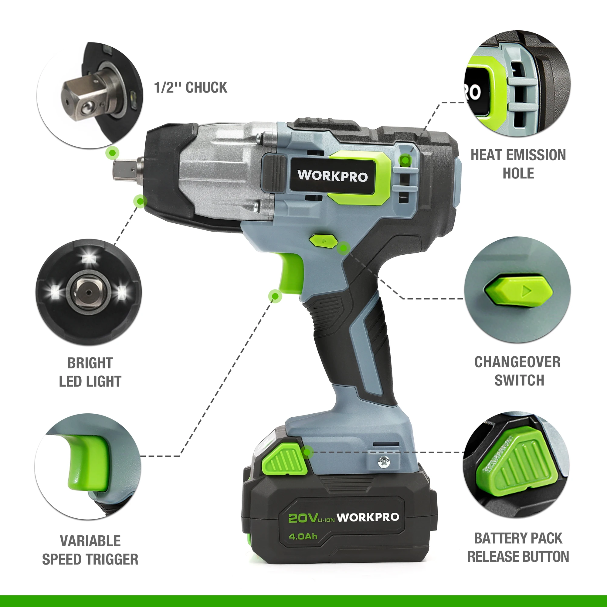 Workpro 20v Cordless Impact Wrench 1/2 