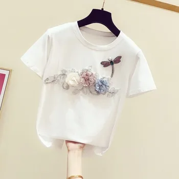 

top quality flower emboridery diamond sequined women t-shirts 2020 summer new short-sleeved casual female tops tees top quality