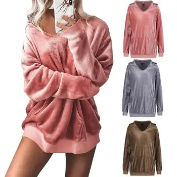 

Casual Winter Solid Color Hoodies Women V Neck Long Sleeve Loose Hooded Sweatshirt Warm Nylon/Polyester/Spandex Women's Hoodies