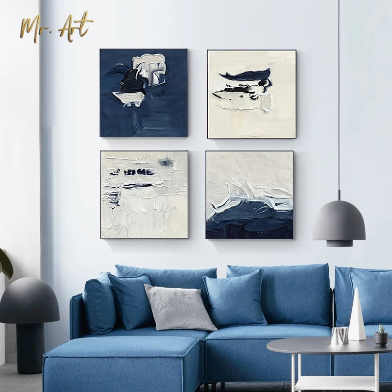 

Modern Abstract Dark Blue White Canvas Painting Color Blocks w Texture Wall Art Pictures for Living Room Nordic Home Decoration