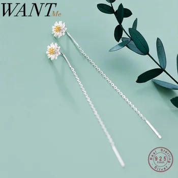 WANTME Real 925 Sterling Silver Small Daisy Drop Earrings for Women Fashion Korean Long Ear Line Chic Party Jewelry Accessories
