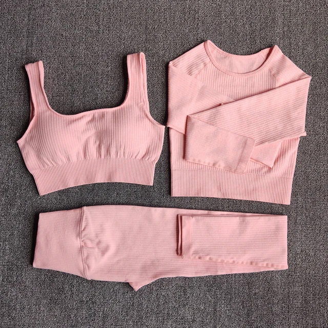 Women's Sportswear Yoga Set Workout Clothes Athletic Wear Sports Gym Legging Seamless Fitness Bra Crop Top Long Sleeve Yoga Suit 3PcsOrange
