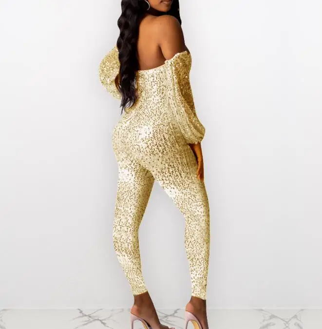 Autumn Women's Fashion Sequins with Long Sleeve One-Shoulder Long Nightclub Party Jumpsuit Rompers Women Jumpsuit