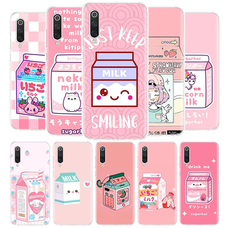 Kawaii Japanese Strawberry Milk Box Cover Phone Case Per Xiaomi Poco X3 Pro X5 X4 Nfc M4 M3 M2 F3 F2 F1 A3 A2 Mi Note 10 Lite A1