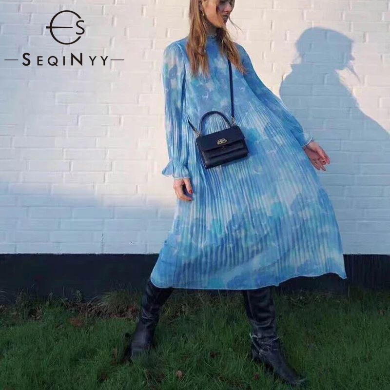 

SEQINYY Loose Dress 2020 Summer Spring New Fashion Design Women Pleated Ruffles Blue Flowers Blooming Midi Dress