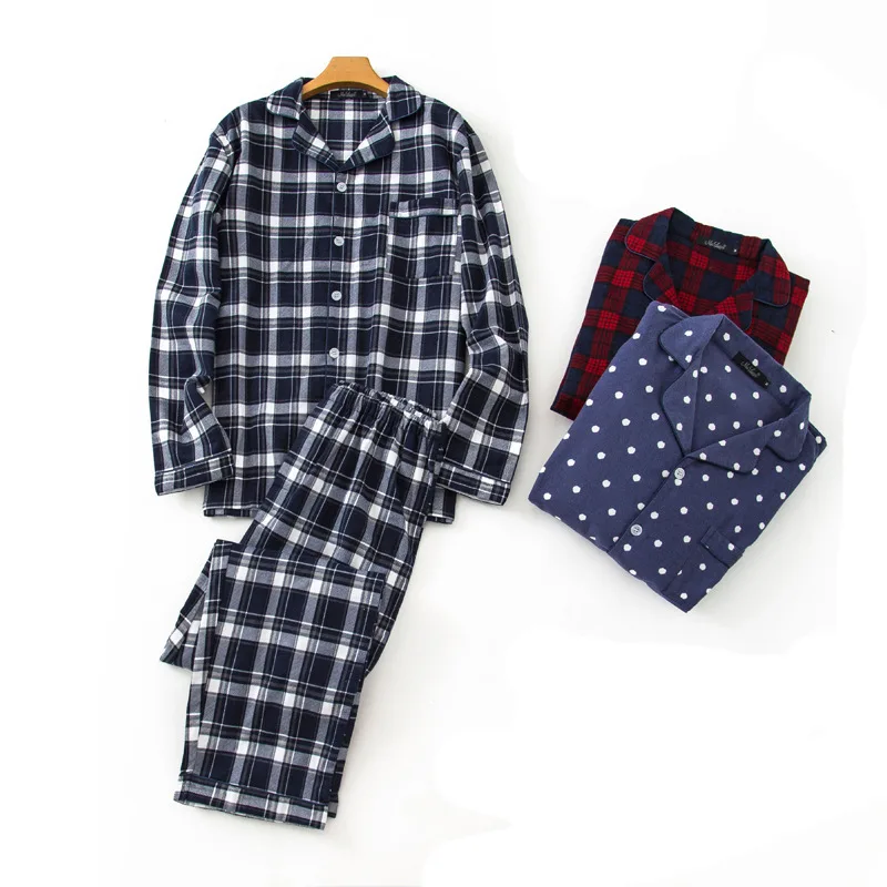 

Men cotton winter autumn long sleeve pajama sets male plaid indoor clothing