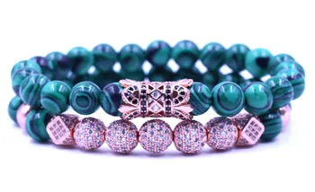 

8mm 2PCS/Set rose gold ghdf2 elastic adjusted nature malachite bead micro pave cz zircon cubic zirconia tube Bracelet
