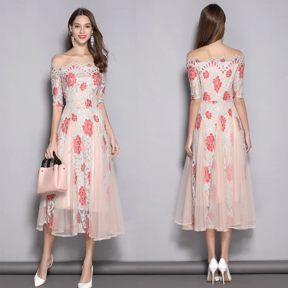 

Cross Border for DK504 Spring New Style Mid-length Lace Gauze Horizontal Neck Debutante Party Korean-style Dress
