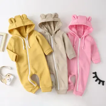 

Toddler Kids Baby Girl Boy Winter Clothes Bear Ear Hooded Long Sleeve Rompers Jumpsuit Zipper Solid Colors Children Clothing