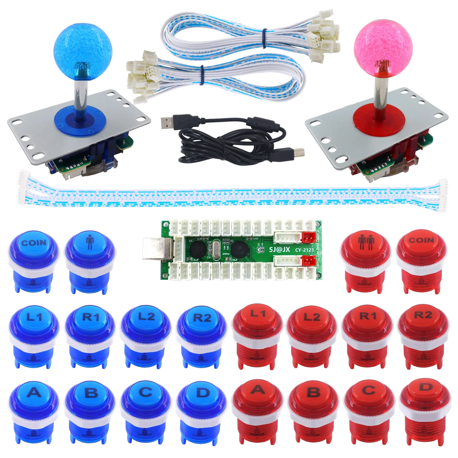 SJ@ JX 2 игрока Аркада DIY Kit светодиодный кнопки контроллера 8 джойстик, usb-датчик для ПК MAME в ретро-стиле - Цвет: blue-red