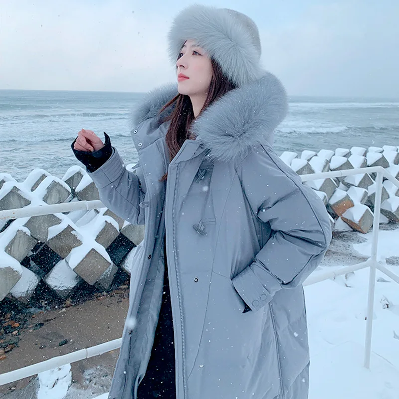 

2020 White Duck Down Fox Fur Collar Horn Buckle Jacket Medium Long Elegant Female Thicker Oversized Chic Warm Causal Winter Coat