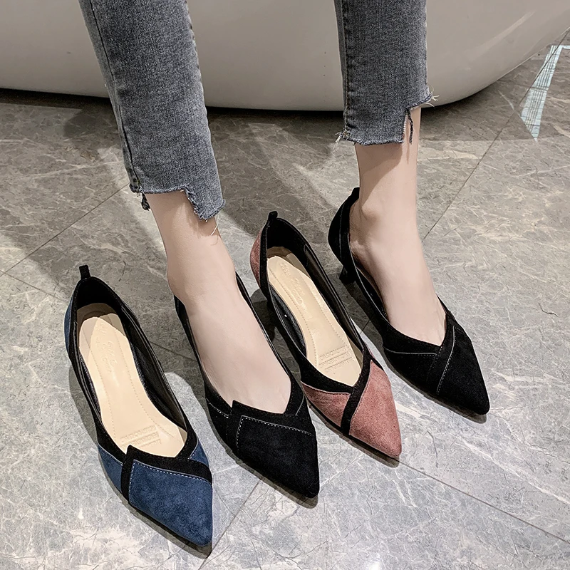 

2020 Spring Summer Women Shoes Comfort Pointed Toe Pumps Mid Heels Slip On Female Wedge Shoes Black Pink Casual Ladies Shoes