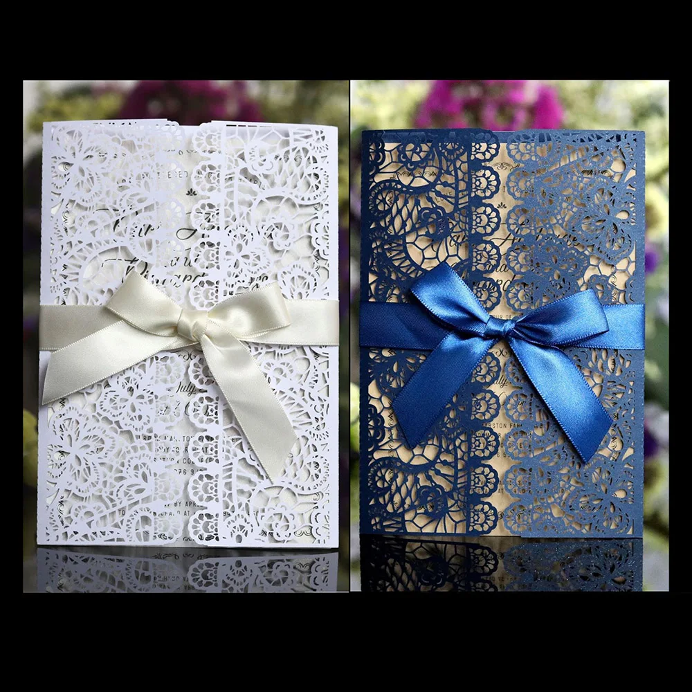  10pcs Wedding Invitation Laser Cutout Color Shell Bow Ribbon Tri-fold Wedding Party Thanksgiving Ho - 4.00027E+12