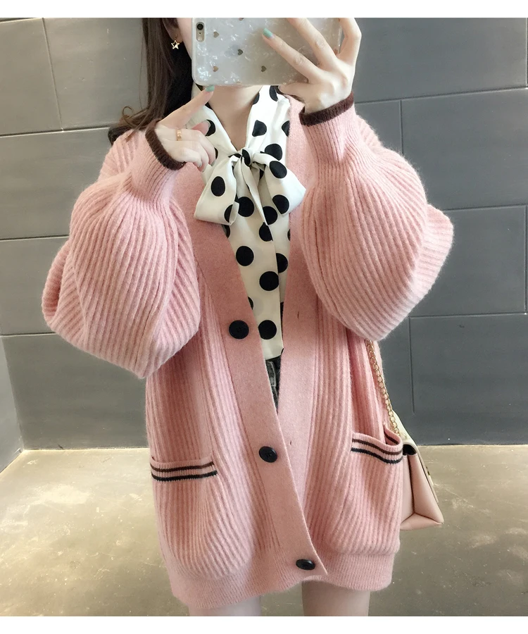 Женский свитер, 4 цвета, вязаный, один размер, мягкий, Япония, Harajuku, зима, осень, пуговицы для кардигана, с длинным рукавом, с карманом, B65 - Цвет: Розовый