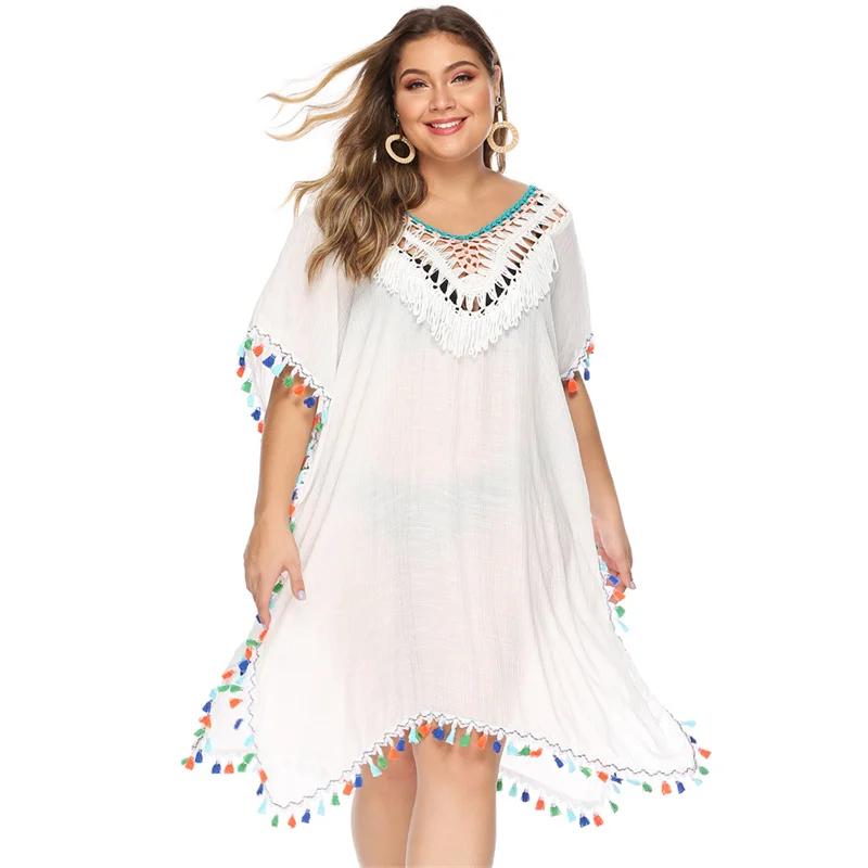 2021 Summer Women's Irregular Hand Hook Stitching Color Tassel Deep V Sexy Loose Bikini Beach Cover Up Backless Dress